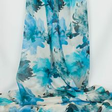 Chiffon voile zijde wit met blauwe bloemen aquarel - Alta Moda